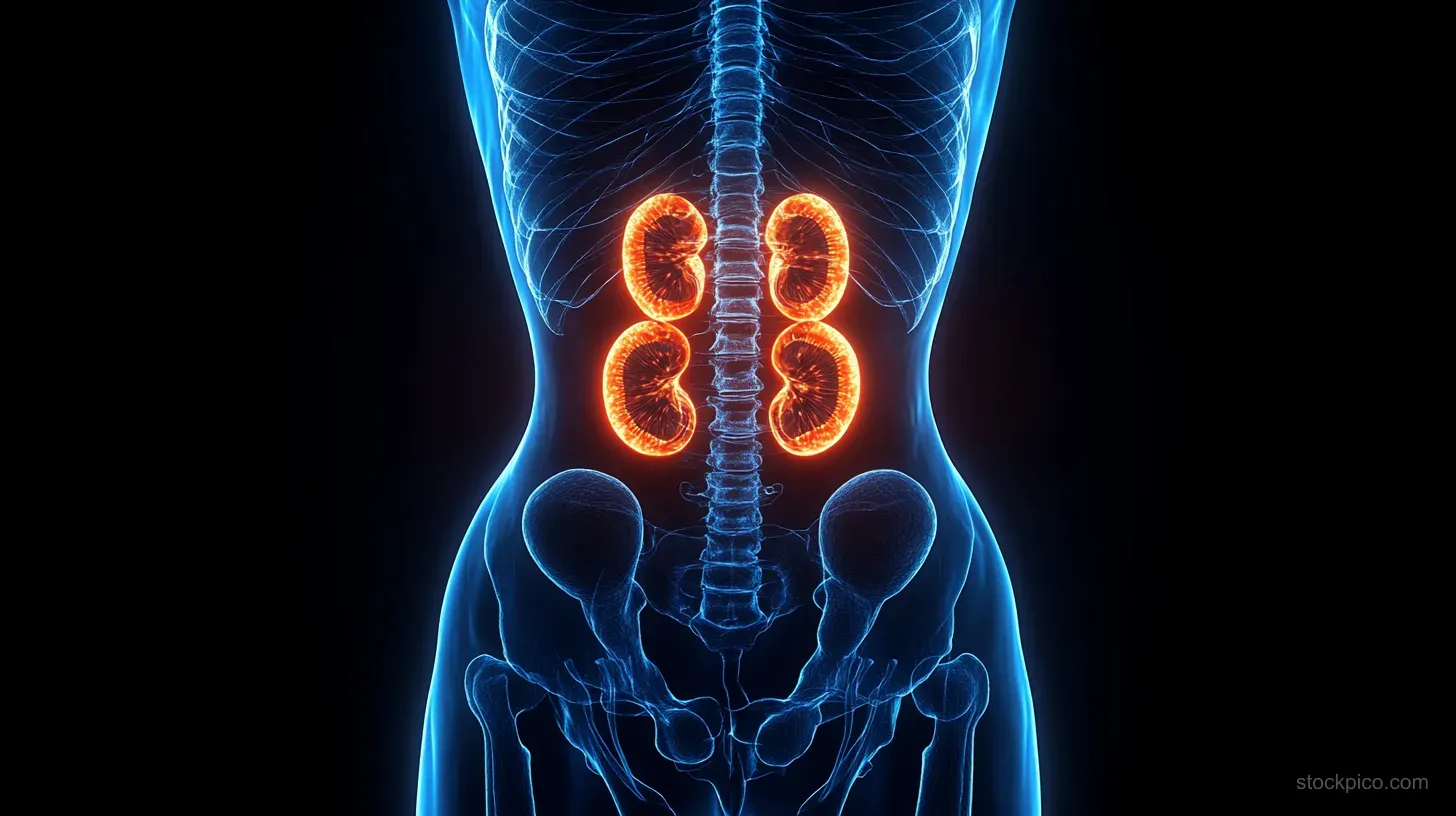 X-ray style lower torso skeleton with orange glowing kidneys next to a blue spinal column and pelvis.
