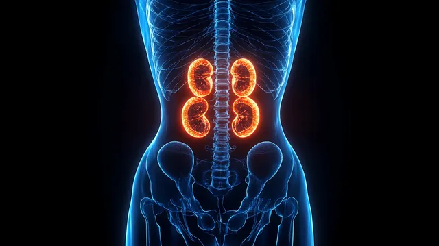 X-ray view of lower torso skeleton with orange glowing kidneys on blue medical scan