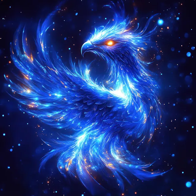 A blue glowing phoenix with fiery orange eyes spreads wings amid swirling stars in deep space.