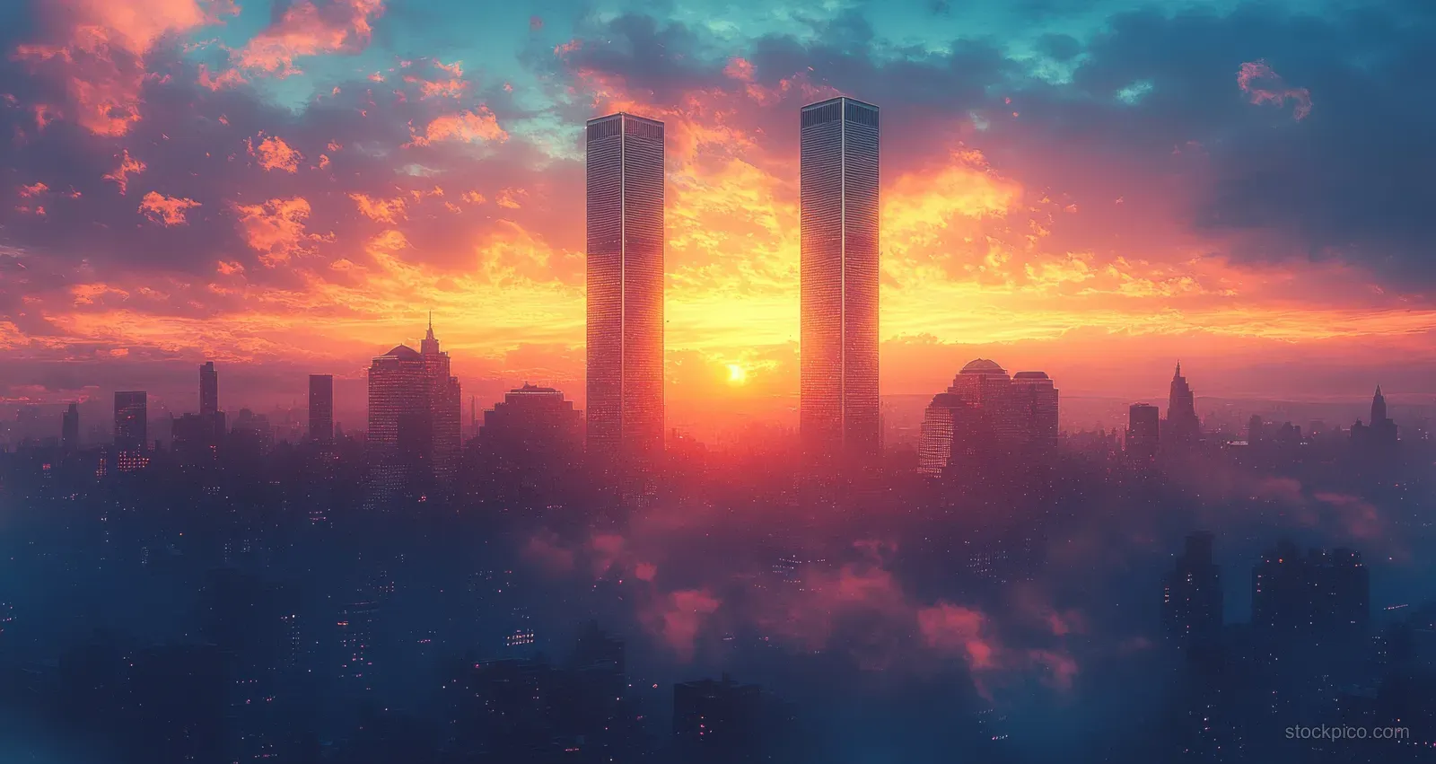 Sunrise over the New York City skyline with Twin Towers silhouettes and an American flag.