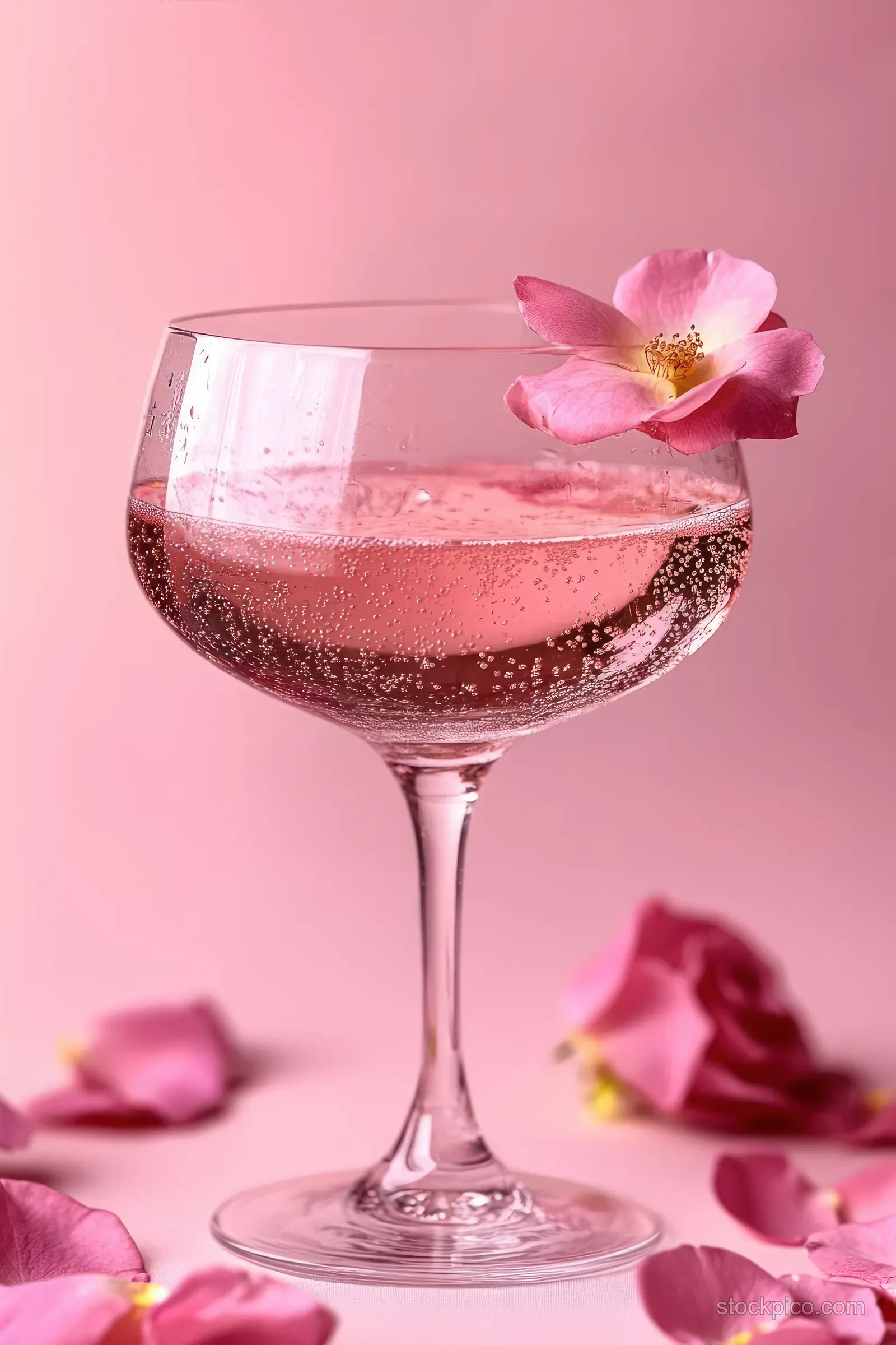 A stemmed glass of pink sparkling drink with a flower on the rim, surrounded by soft pink petals.