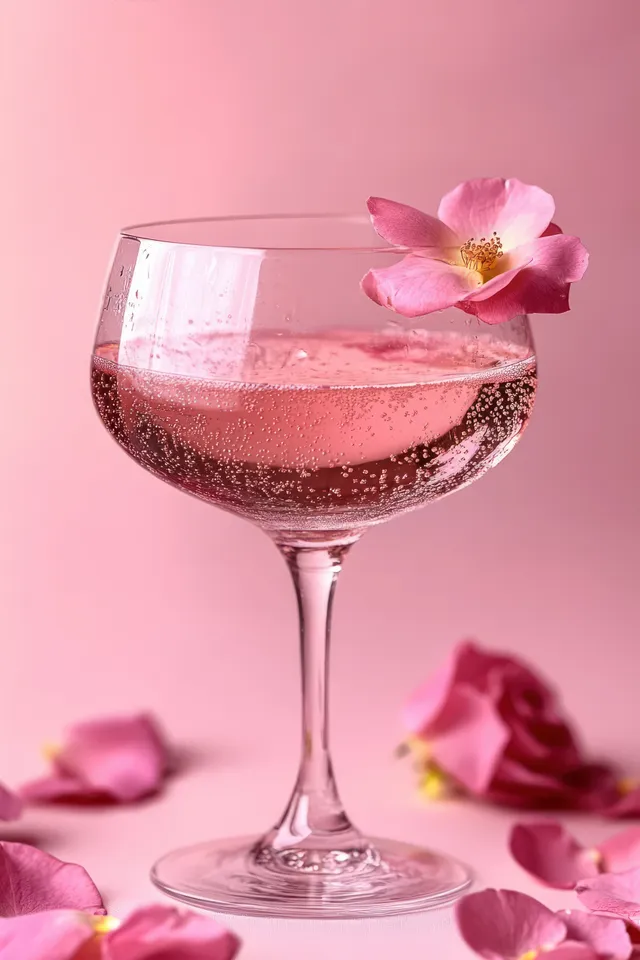 A stemmed glass of pink sparkling drink with a flower on the rim, surrounded by soft pink petals.