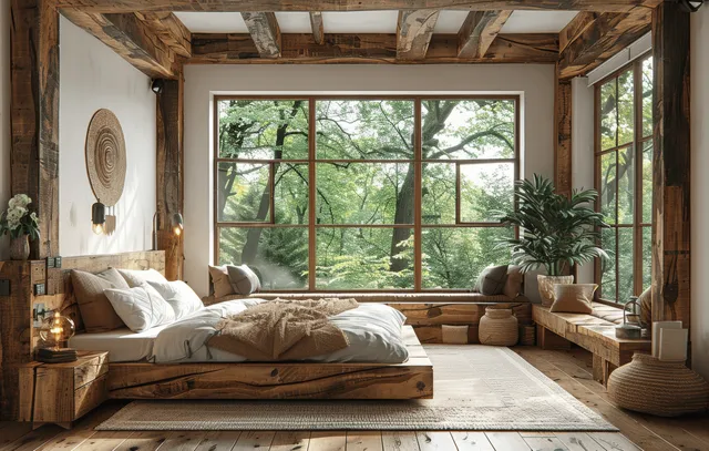 Rustic farmhouse bedroom with wooden beams, a neatly made bed, and a large window framing green trees.