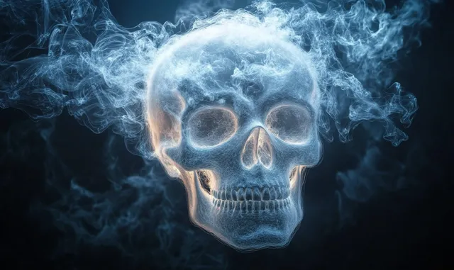 Glowing translucent blue skull emerging from swirling smoke against dark background