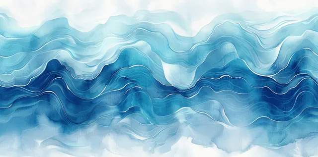 Layered aquamarine and white watercolor waves ripple across a textured abstract sea background.