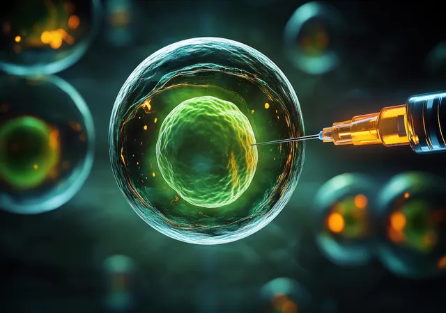 Syringe needle injecting into a glowing green cell seen through a microscope in a dark laboratory scene.