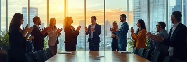 Diverse office group applauds a female speaker during a meeting in a glass-walled boardroom