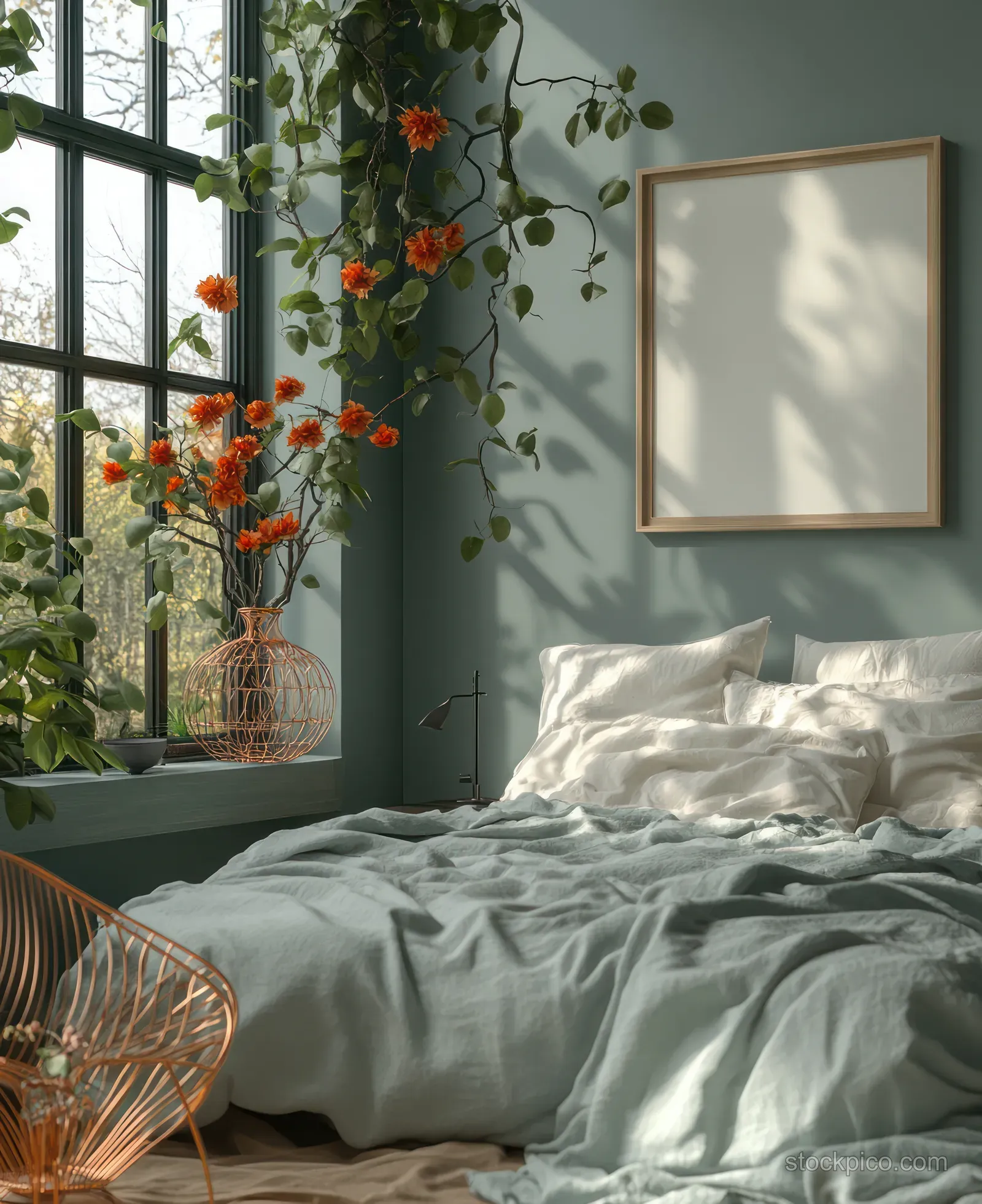 Minimalist bedroom with a blank framed wall, flower vase, and rumpled linen bed lit by soft window shadows.