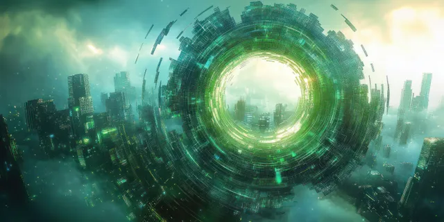 Futuristic cyberpunk skyline with a glowing green circular portal above misty skyscrapers