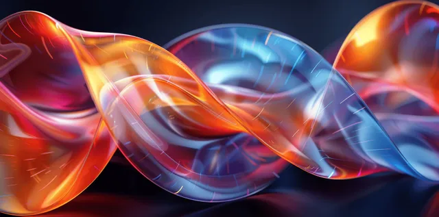 3D colorful intertwined spiral ribbons with glassy reflections and glowing metal wires on black