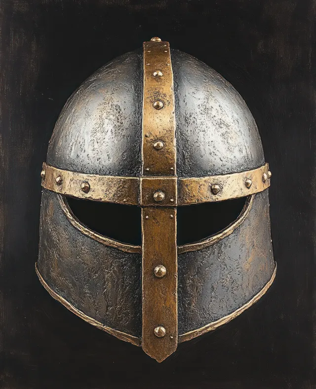 Medieval steel helmet close-up featuring riveted brass cross details on a dark background.