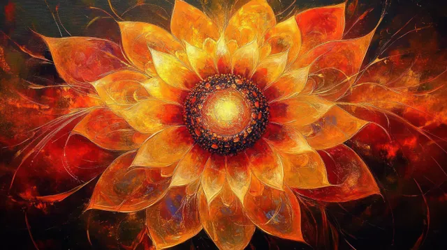 Glowing sunflower with layered golden and orange petals centered over a dark fiery background.
