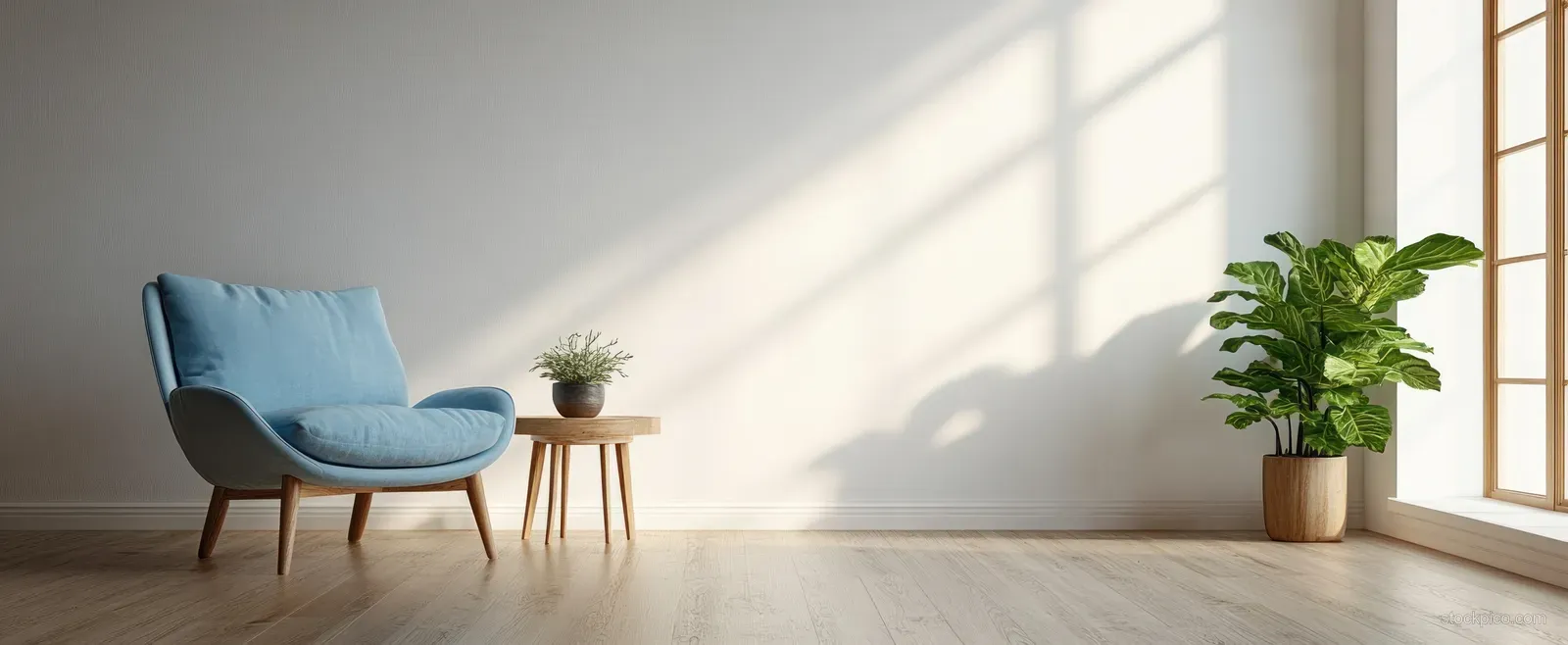 Blue armchair beside a wooden side table with a potted plant in a minimalist living room lit by sunlight.