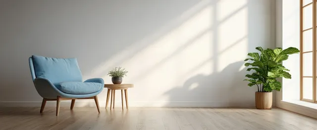 Blue armchair beside a wooden side table with a potted plant in a minimalist living room lit by sunlight.