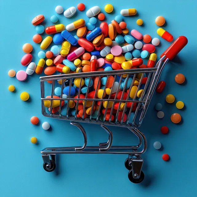A shopping cart overflowing with colorful pills sits on a light blue background.
