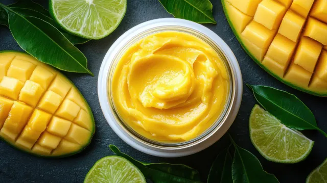 Open jar of creamy mango puree with sliced mango, lime wedges, and green leaves on dark slate