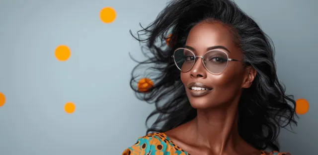 Woman wearing round sunglasses and colorful patterned outfit posing before a retro dotted abstract backdrop.