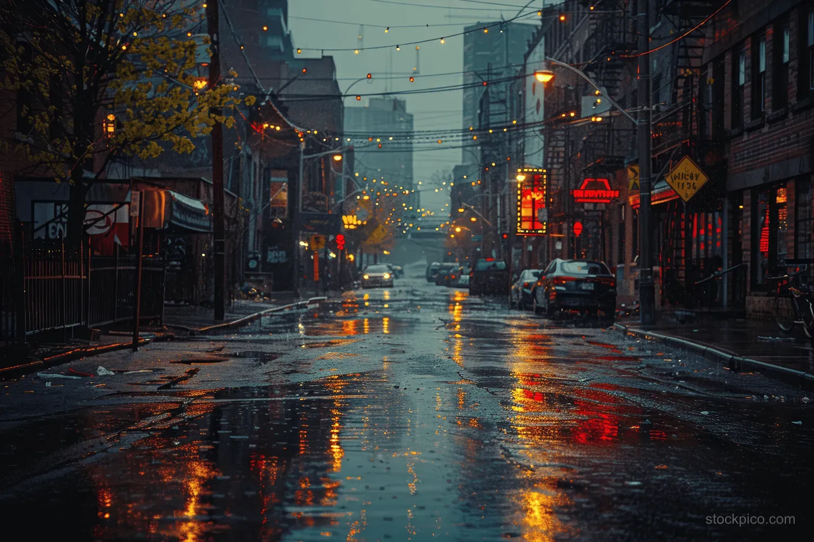 A rainy night back alley with wet reflective street pavement and streetlights beside dark abandoned buildings.