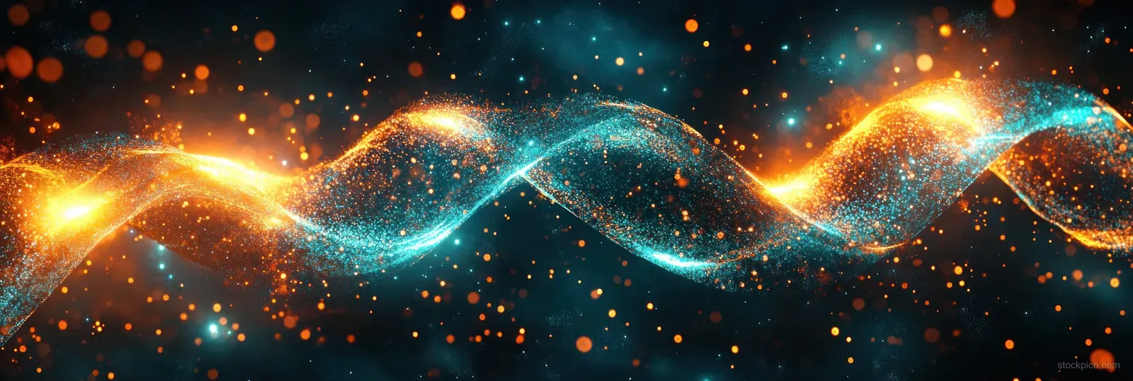 Colorful glowing DNA double helix strands float over a dark cosmic background with bright bokeh lights and spark particles.