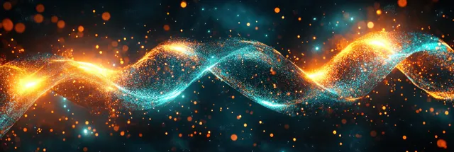 Colorful glowing DNA double helix strands float over a dark cosmic background with bright bokeh lights and spark particles.
