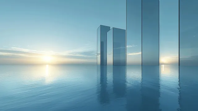 Futuristic glass pillars stand in calm reflective water with a clear blue sky and bright horizon.