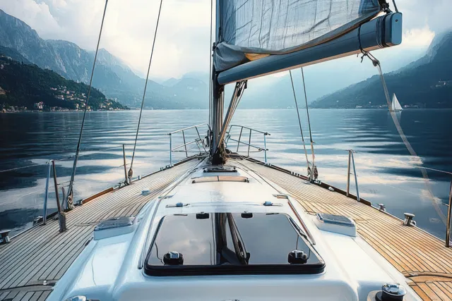 View from a sailboat deck gliding across misty lake toward mountain peaks under cloudy sky