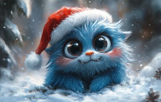 A whimsical furry creature in a Santa hat appears amid falling snow in a winter landscape.