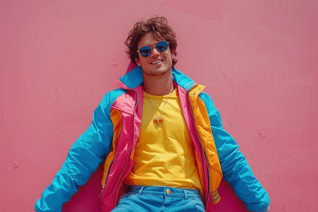 Smiling young man posing in retro 80s neon windbreaker against pink wall