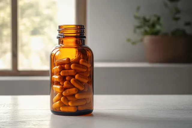 Amber bottle filled with orange capsules on a white tabletop under soft window light.