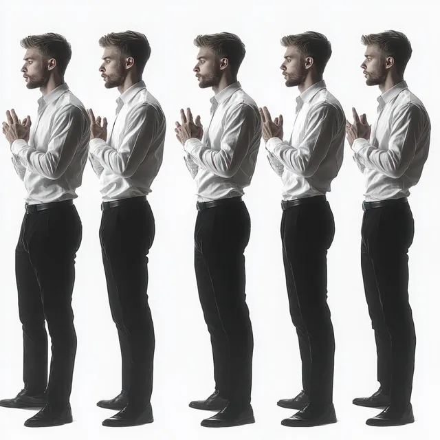 Multiple identical young men in profile with eyes closed and hands pressed together in meditation against a white background.