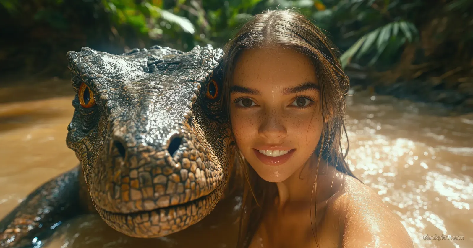 A young woman smiles beside a large alligator in shallow muddy water with green jungle plants in bright sunlight.