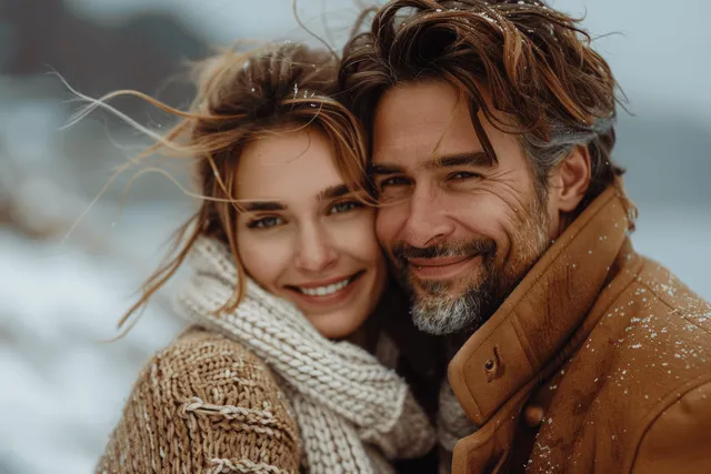 Smiling couple cuddled close in snowy outdoors, wearing warm sweaters and scarves with light snowfall.