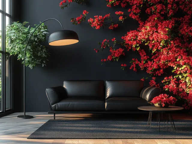 Minimalist living room with a black leather sofa, warm pendant lamp, and red flowers on the dark wall.