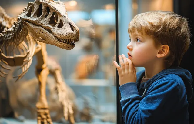 A young boy in a blue hoodie points toward a dinosaur skeleton behind glass in a museum.