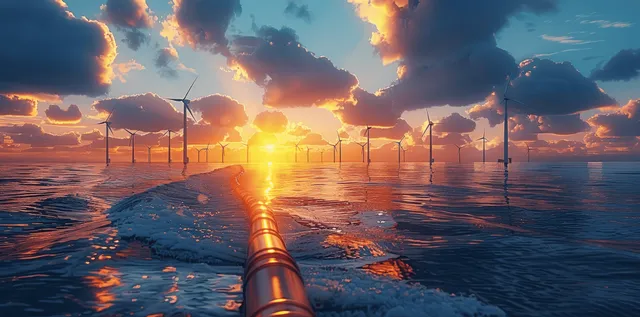 Offshore wind turbines at sunset with glowing power transmission lines reflected on the ocean surface.