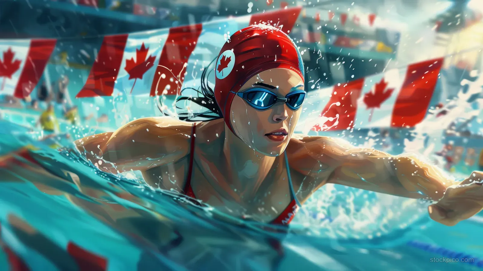 A Canadian female swimmer breaks the water in a pool race, surrounded by waving flags and splashes.