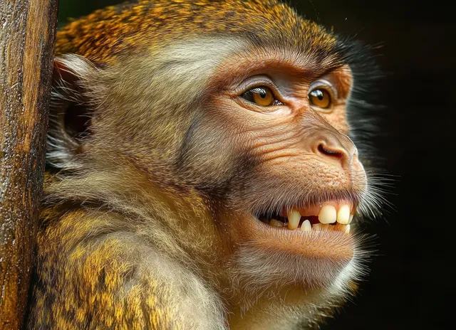 Close-up monkey portrait looking sideways with visible teeth and textured orange-brown fur