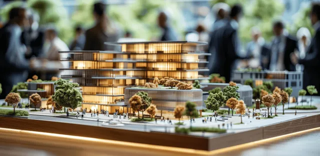 Architects and developers study a glowing downtown scale model on a conference table during an office meeting.