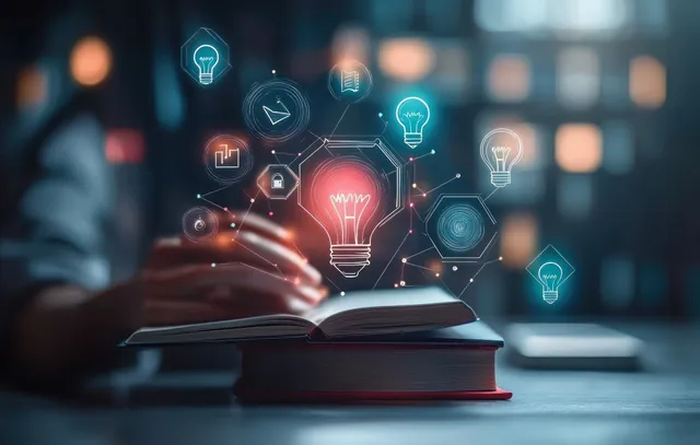 Stacked books beside laptop displaying connected lightbulb icons and e-learning network map