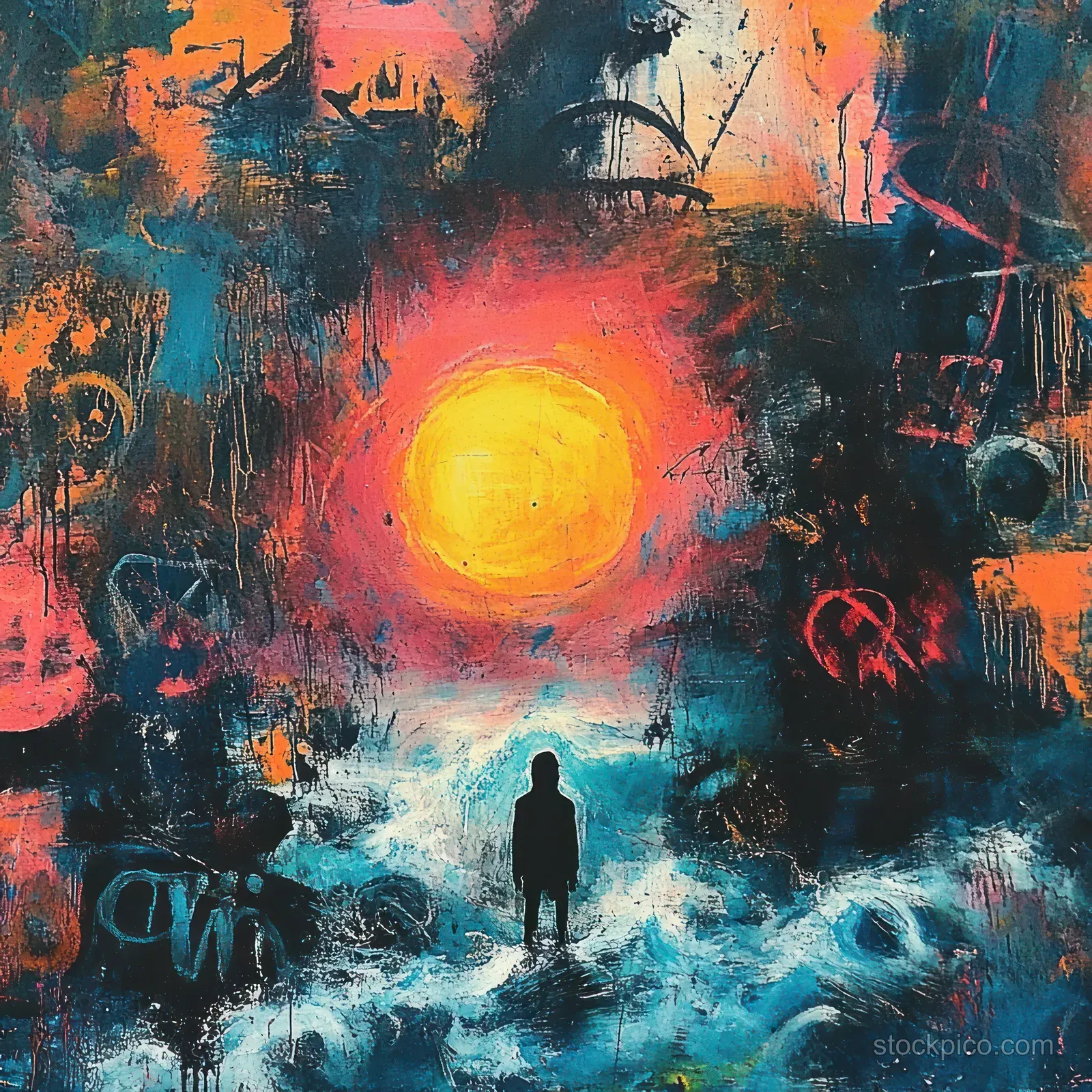 A silhouetted person stands before a glowing sun-orb in vibrant chaotic abstract paint with layered textures.