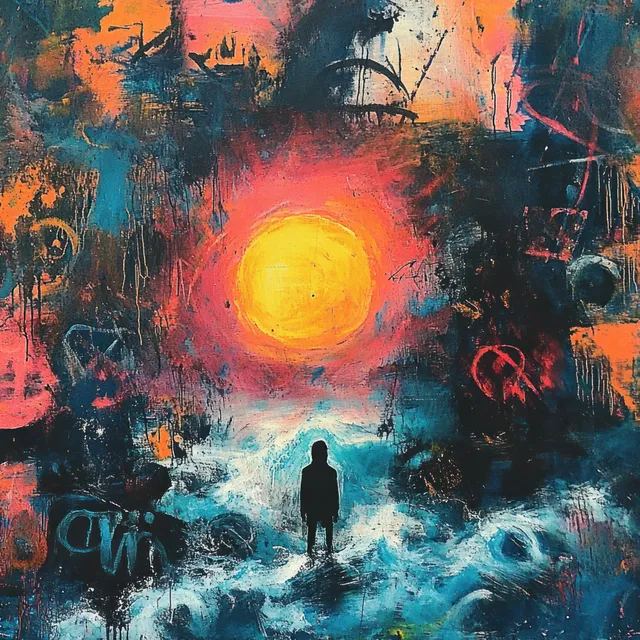 A silhouetted person stands before a glowing sun-orb in vibrant chaotic abstract paint with layered textures.