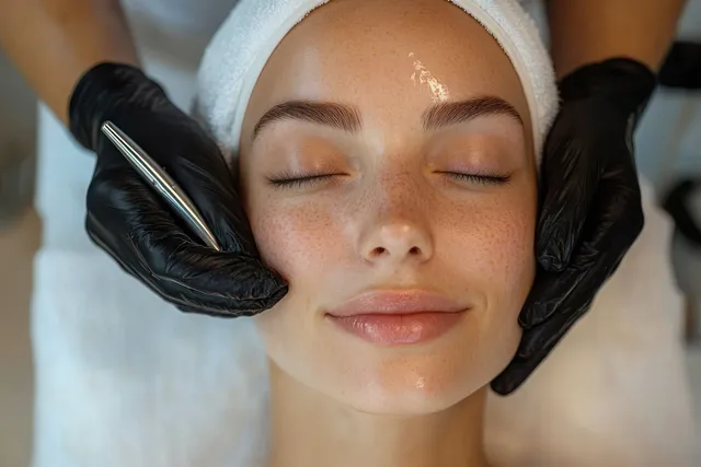 A calm woman with closed eyes receives a relaxing facial while a black-gloved esthetician supports her face.