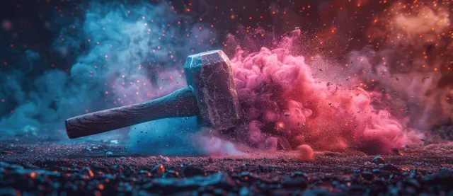 A hammer impacts the ground, sending blue and pink dust and smoke clouds outward.