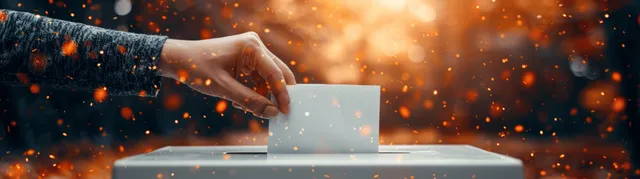 A hand places a ballot into a glowing digital voting box with floating blockchain dot patterns and sparks.