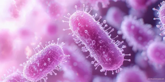 Lactobacillus probiotic bacteria appear as glowing pink rods with tiny surface spikes against a purple blurred backdrop.