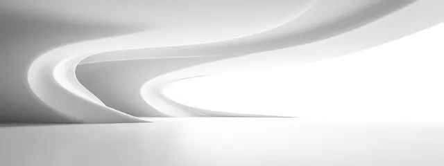 White curved architectural corridor with glowing ambient light and minimal geometric forms