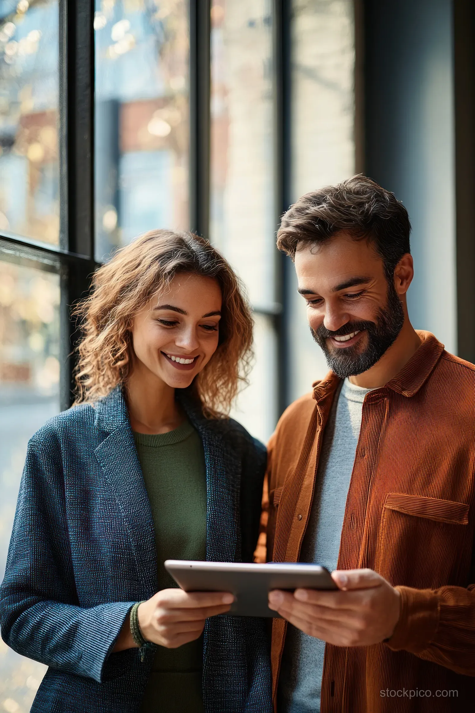 A smiling man and woman share and review a tablet while standing by a large window with daylight.