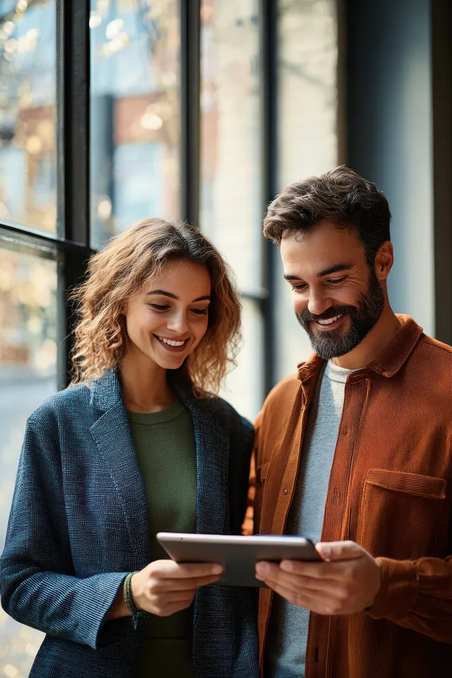 Smiling young couple reviewing a tablet by large window in soft daylight