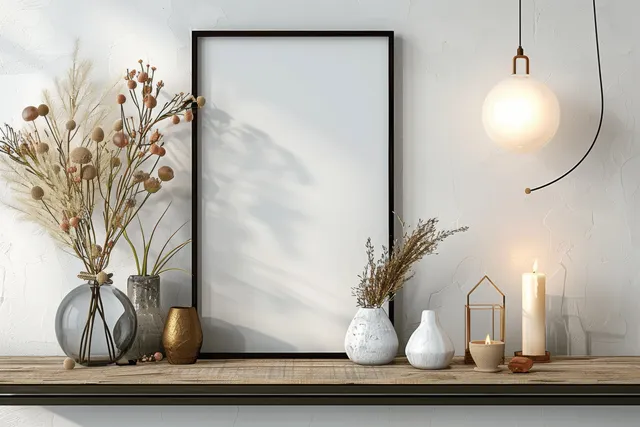Empty black picture frame hangs above a wooden shelf with vases and lit candles on a white wall.