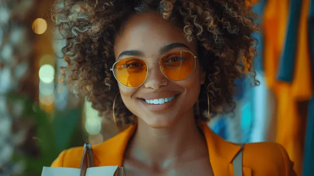 Smiling woman with curly hair wearing yellow sunglasses near colorful storefront lights.